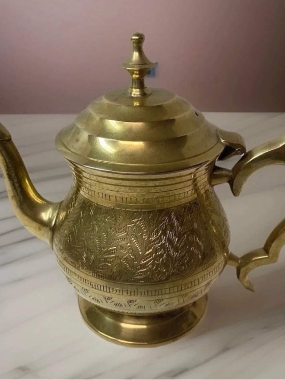 Vintage Ornate Etched Brass Teapot / Coffee Pot - Hinged Lid - 6" Tall⁠